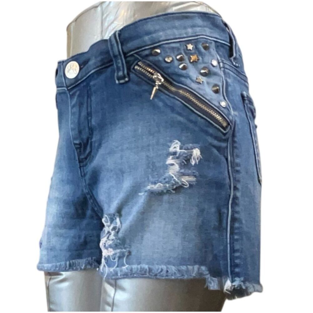 Rock & Republic Jean Shorts Women 4 Blue Mid Rise Distressed Stretch  (Sz4 W28)